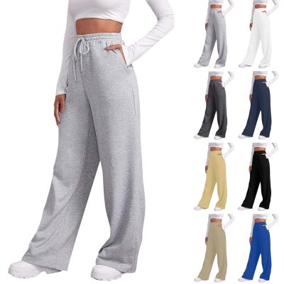 Women Wide Leg Sweatpants Baggy Straight Leg Sweatpants with Pockets Plus Size Fleece Lined Flare Sweatpants Winter Casual Loose Joggers Drawstring Elastic Waist Athletic Pants Comfy Lounge Pants