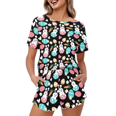 Coloranimal Womens Happy Easter Pajamas Sets Cute Rabbit Bunny Carrot Love Heart Pullover Pajama Homewear Short Sleeve T shirts and Shorts Colorful Easter Eggs Floral Print Pj Lounge Sets
