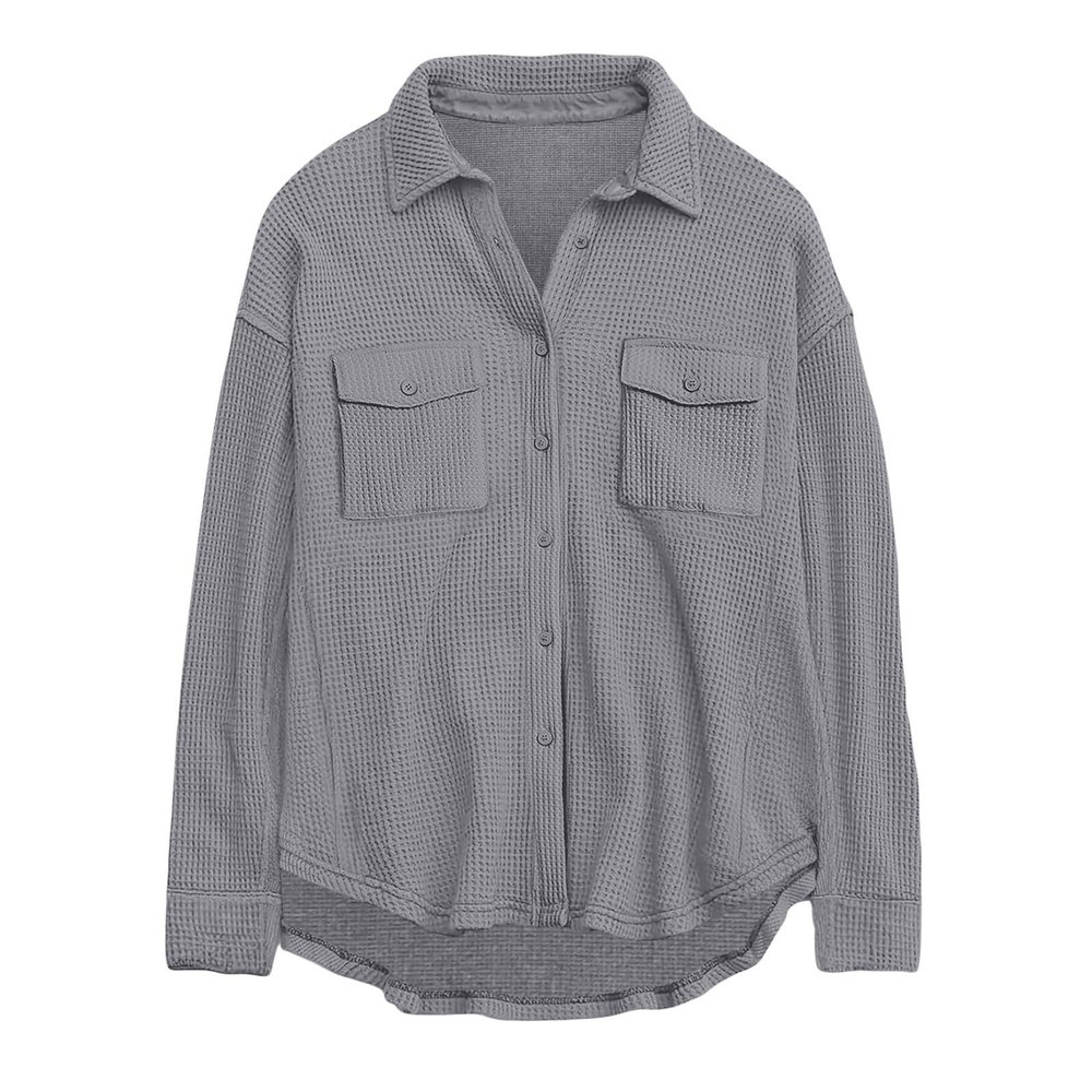 Womens Fashion Fall Outfits Casual Jackets Long Sleeve Button Down Shirts Soft Knit Sweaters Pullover Loose Fit Blouse Gray