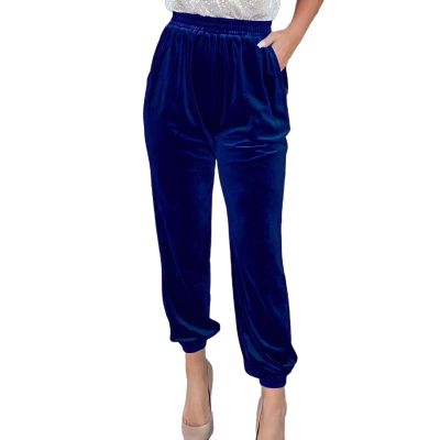 ZYXTIM Luxury Velour Trousers for Women UK Elastic Waist Soft Comfy Warm Casual Pants Drawstring Loose Yoga Sweatpants Tracksuit BottomsBlueLarge