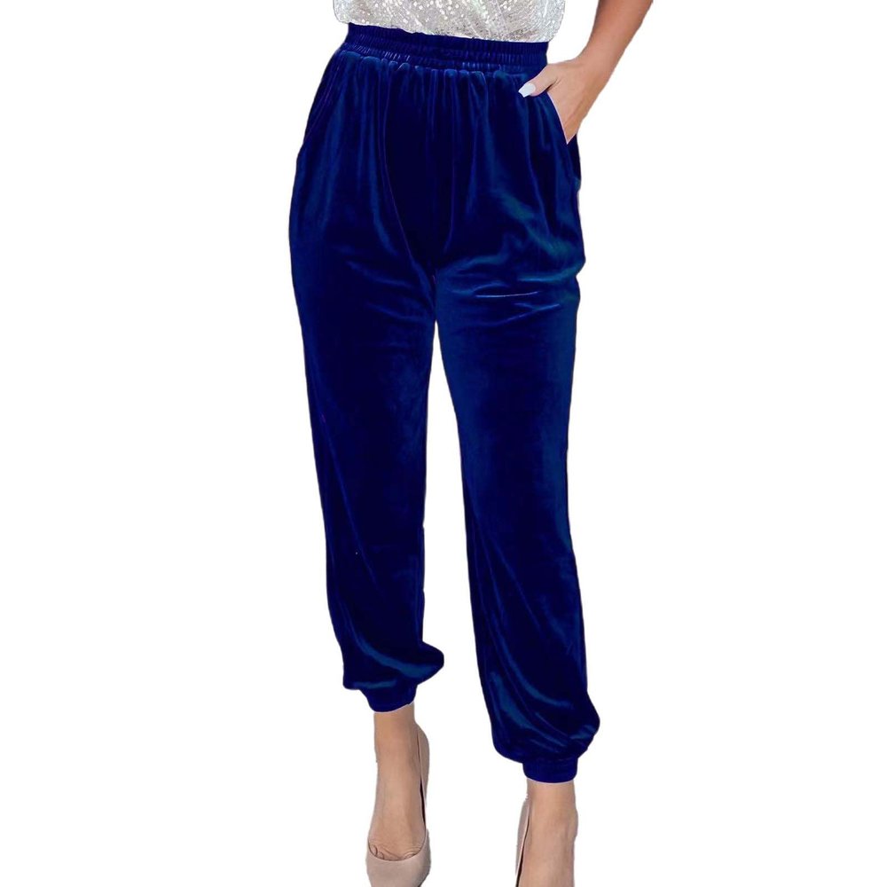 ZYXTIM Luxury Velour Trousers for Women UK Elastic Waist Soft Comfy Warm Casual Pants Drawstring Loose Yoga Sweatpants Tracksuit BottomsBlueLarge