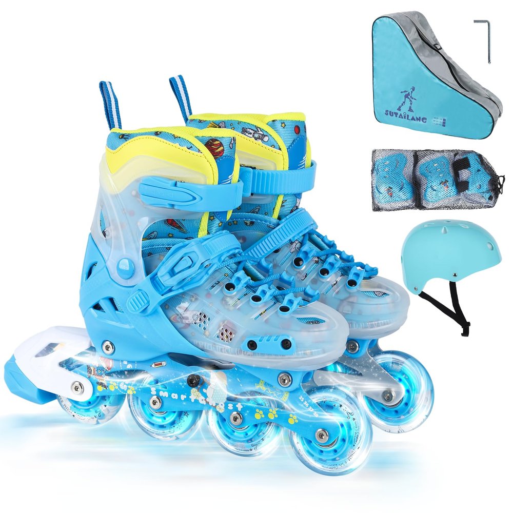 VEZLOPUS Inline Skates, Adjustable Children Inline Skates with Light up Wheels for Kids, Girls, Boys, Teens, Beginner & Advance | with Protective Gears and Carry Bag (Blue)