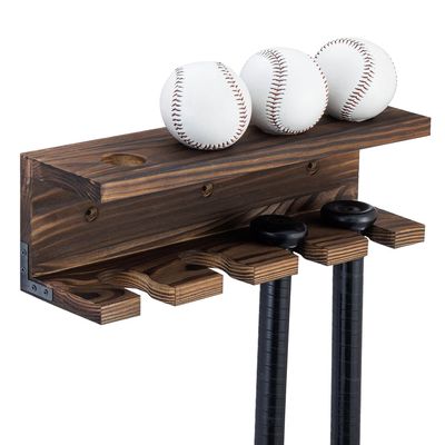 MyGift Solid Burnt Wood Baseball Bat Holder and Ball Display Shelf, Wall Mounted Sports Memorabilia and Collectibles Floating Shelf