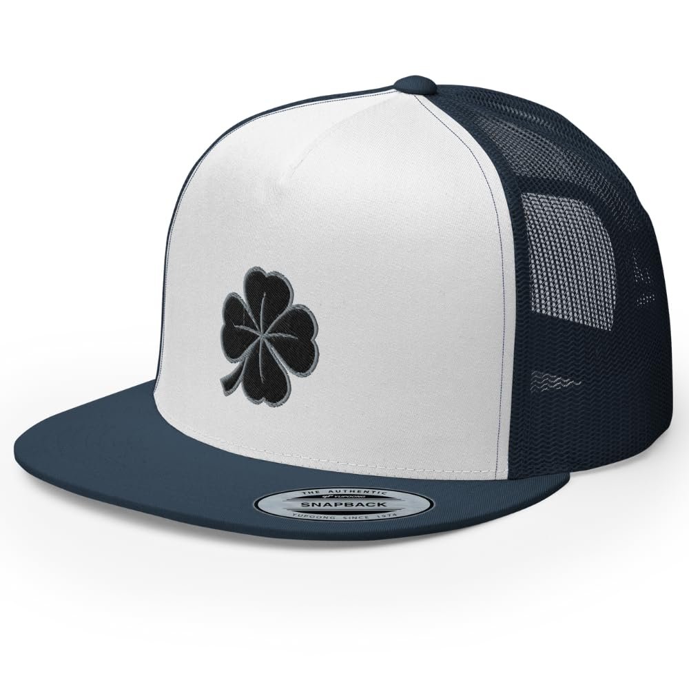 RIVEMUG Blacken Clover Flat Bill Trucker Hat High Crown Adjustable Four Leaf Lucky Cap