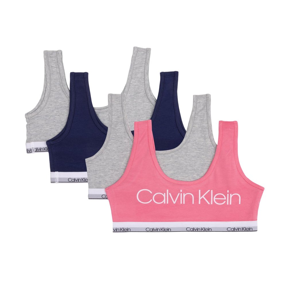 Calvin Klein Kids Girls' Modern Cotton Bralette 4-Pack, Pink/Heather Grey/Symphony Blue, Medium