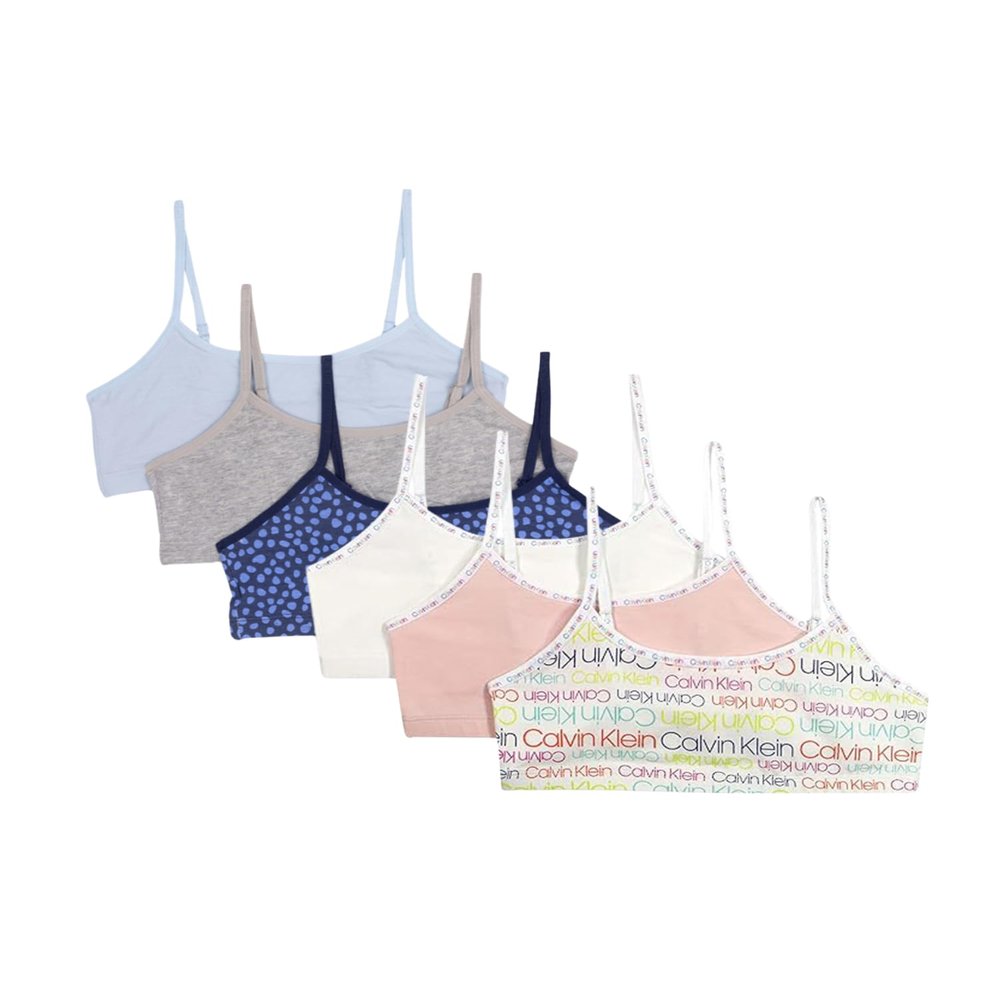 Calvin Klein Kids Girls' Cropped Cotton Cami Bralette 6-Pack, Crystal Pink/Navy Spots/Ck Multi, Medium