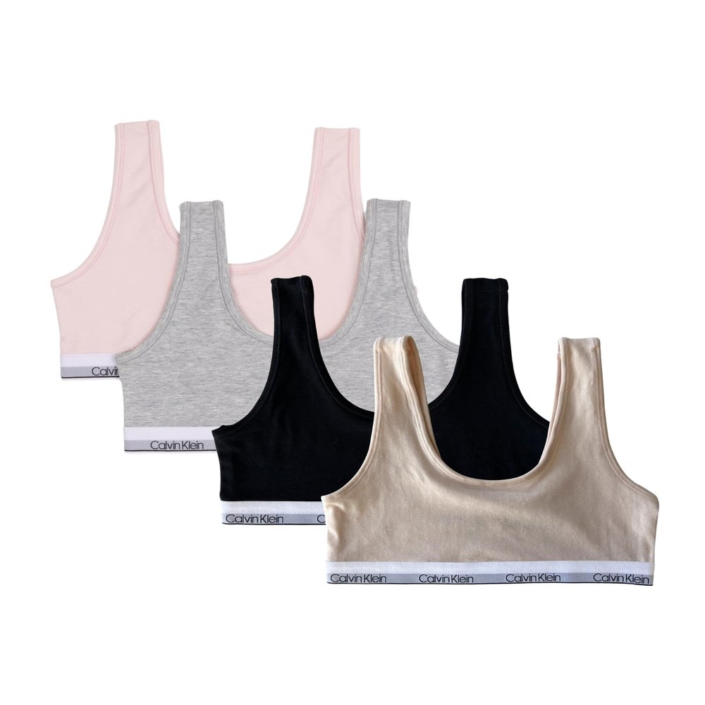 Calvin Klein Kids Girls' Modern Cotton Bralette 4-Pack, Crystal Pink/Heather Grey/Nude/Black, Small