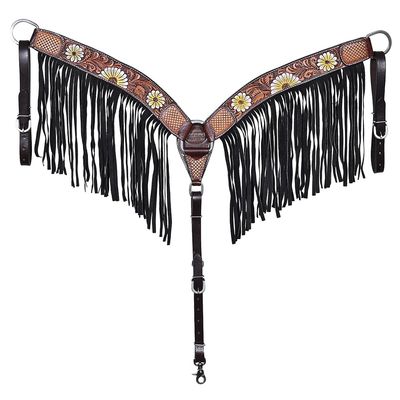 HILASON Western Horse Floral Hand Painted American Leather Breast Collar Fringes Brown