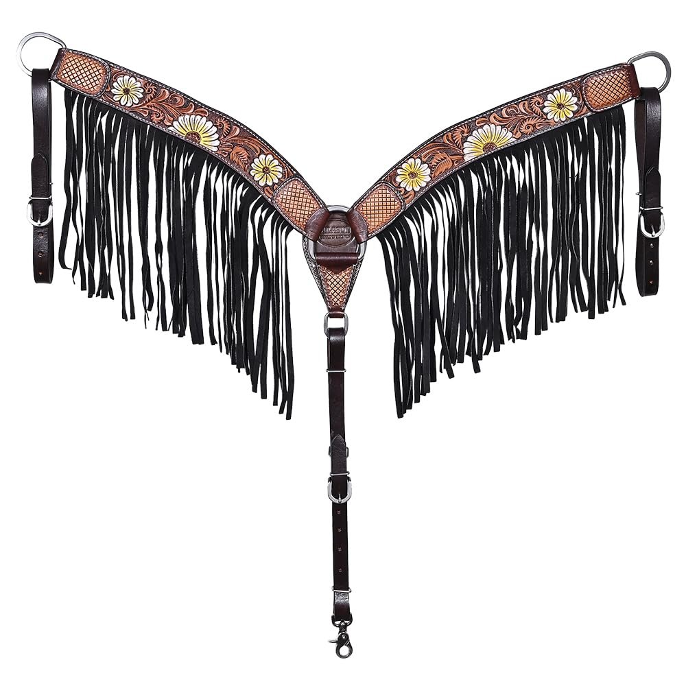 HILASON Western Horse Floral Hand Painted American Leather Breast Collar Fringes Brown