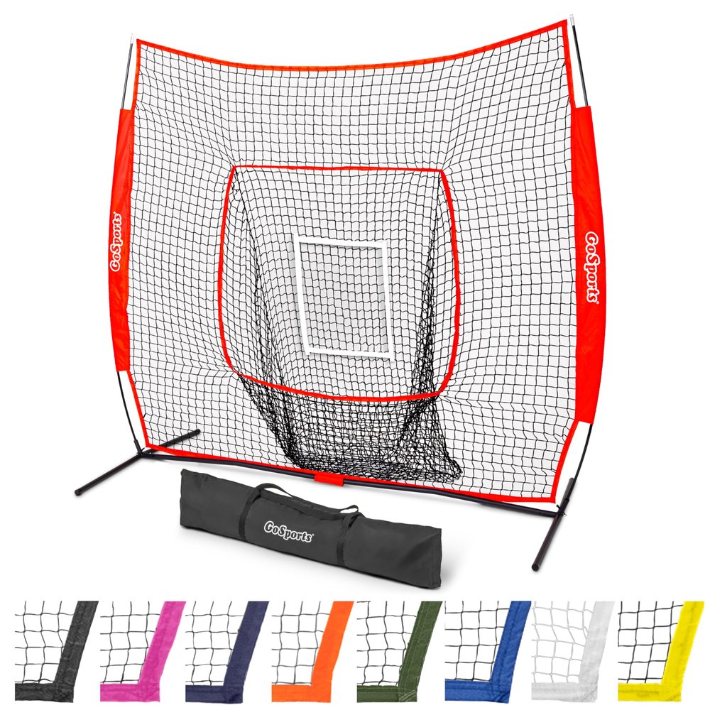GoSports Team Tone 7 ft x 7 ft Baseball & Softball Practice Hitting & Pitching Net in Team Colors - Red