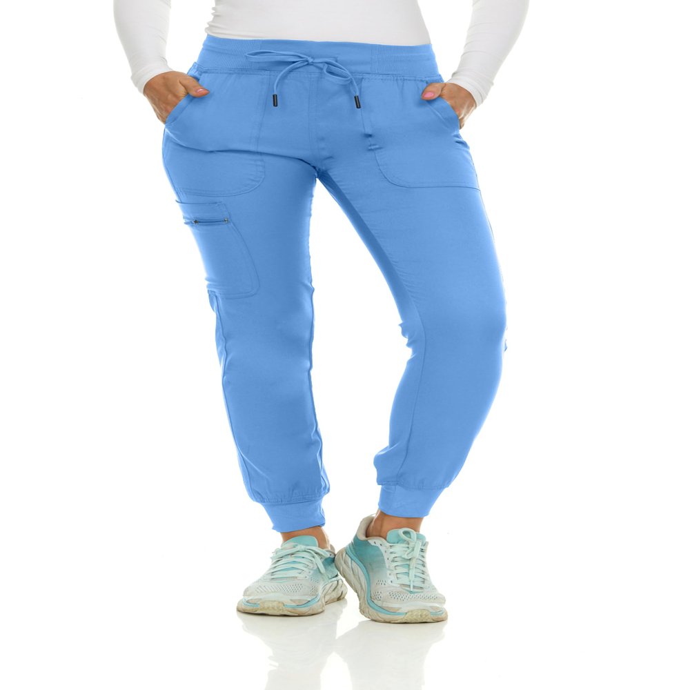 MediChic Womens Scrub Jogger Pants 6 Pockets, 4-Way Stretch, Ribbed Waist, Easy-Care Medical Workwear Ceil Blue