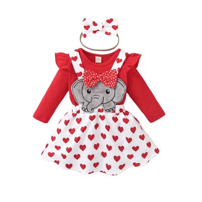 Baby Girl Christmas Outfit Long Sleeve Romper Onesie Deer Plaid Suspender Skirt Set Cute Fall Winter Clothes (Red-Elephant Love Heart, 3-6 Months)