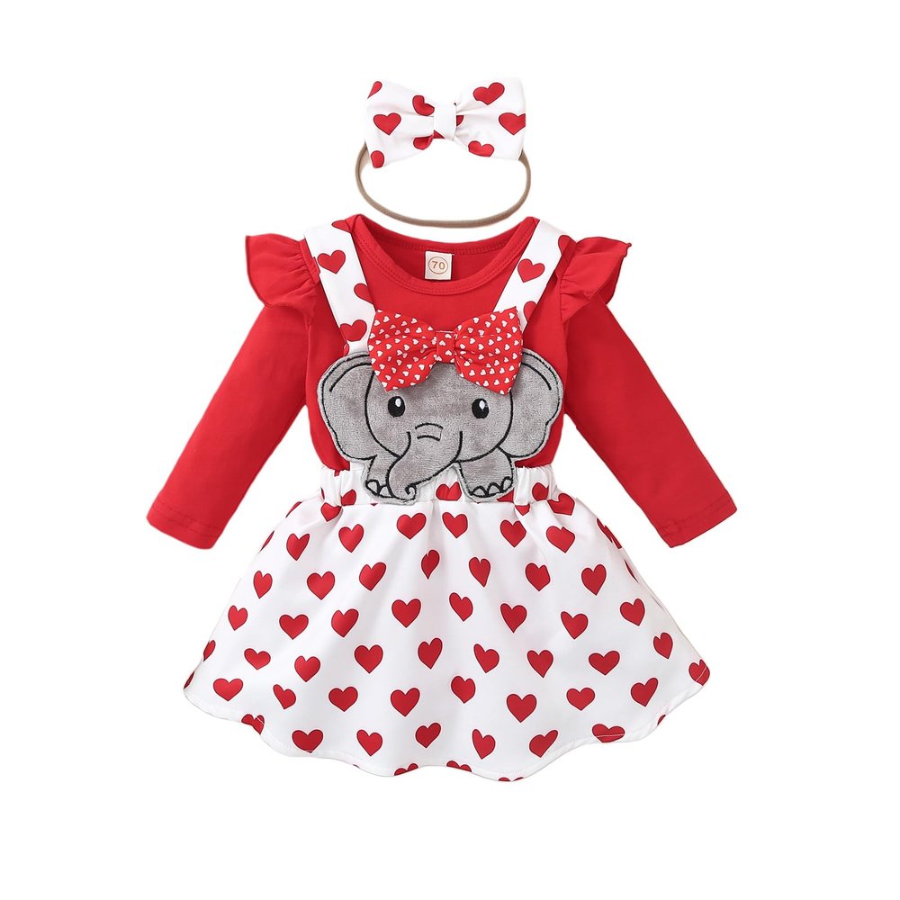 Baby Girl Christmas Outfit Long Sleeve Romper Onesie Deer Plaid Suspender Skirt Set Cute Fall Winter Clothes (Red-Elephant Love Heart, 3-6 Months)