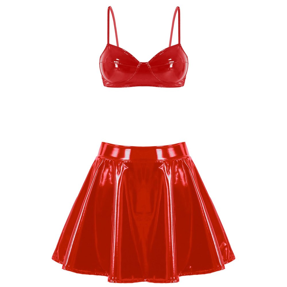 Zaldita Women's Rave Outfits Leather Sets Festivals 2 Pcs Wetlook Tops with Skirts for Club Party Set XX-Large