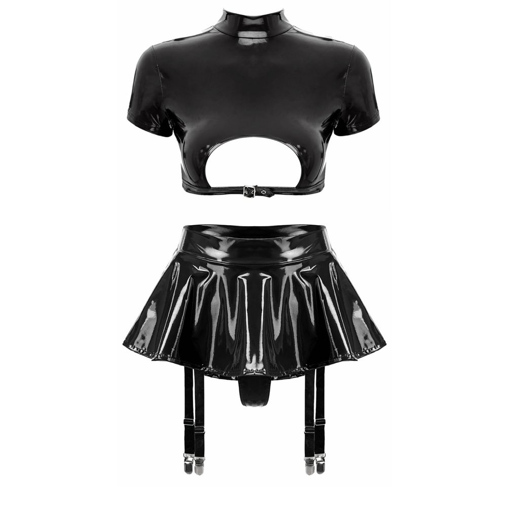 LiiYii Women's Faux Leather Wet Look Outfits Crop Bra Top with Flared Skirt Holiday Party Performance Black 3X-Large