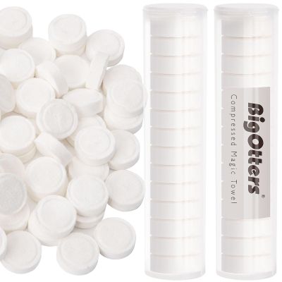 BigOtters Compressed Towels, 100PCS D isposable Face Towels for Travel Expandable Wipes Tablets with 2PCS Tube Containers for Survival Gear and Supplies Outdoors Camping Hiking Hotel