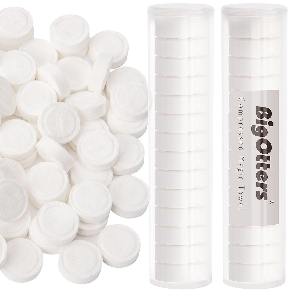 BigOtters Compressed Towels, 100PCS D isposable Face Towels for Travel Expandable Wipes Tablets with 2PCS Tube Containers for Survival Gear and Supplies Outdoors Camping Hiking Hotel