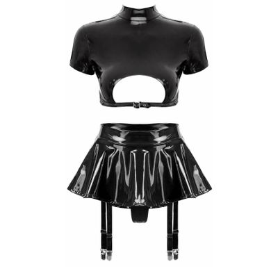 Agoky Women's Wetlook Leather Rave Sets Sexy Outfits Latex Crop Top with Skrits for Stage Performance Black Medium
