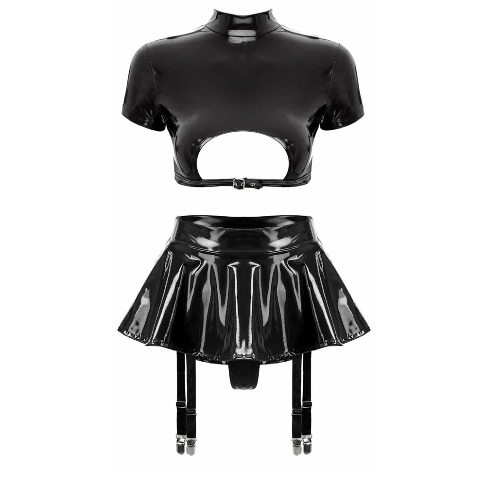 Agoky Women's Wetlook Leather Rave Sets Sexy Outfits Latex Crop Top with Skrits for Stage Performance Black Medium