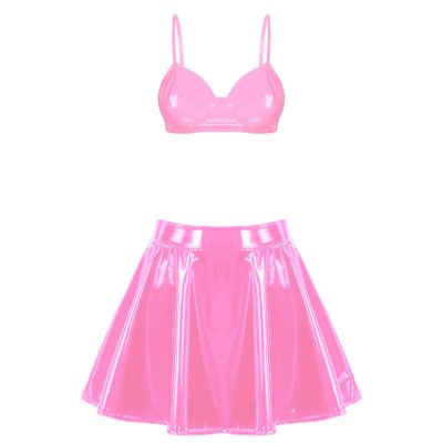 Freebily Womens Sexy Raves Dance Outfits Leather Bra Crop Tops with Mini Skrits for Club Performance Pink B 4X-Large