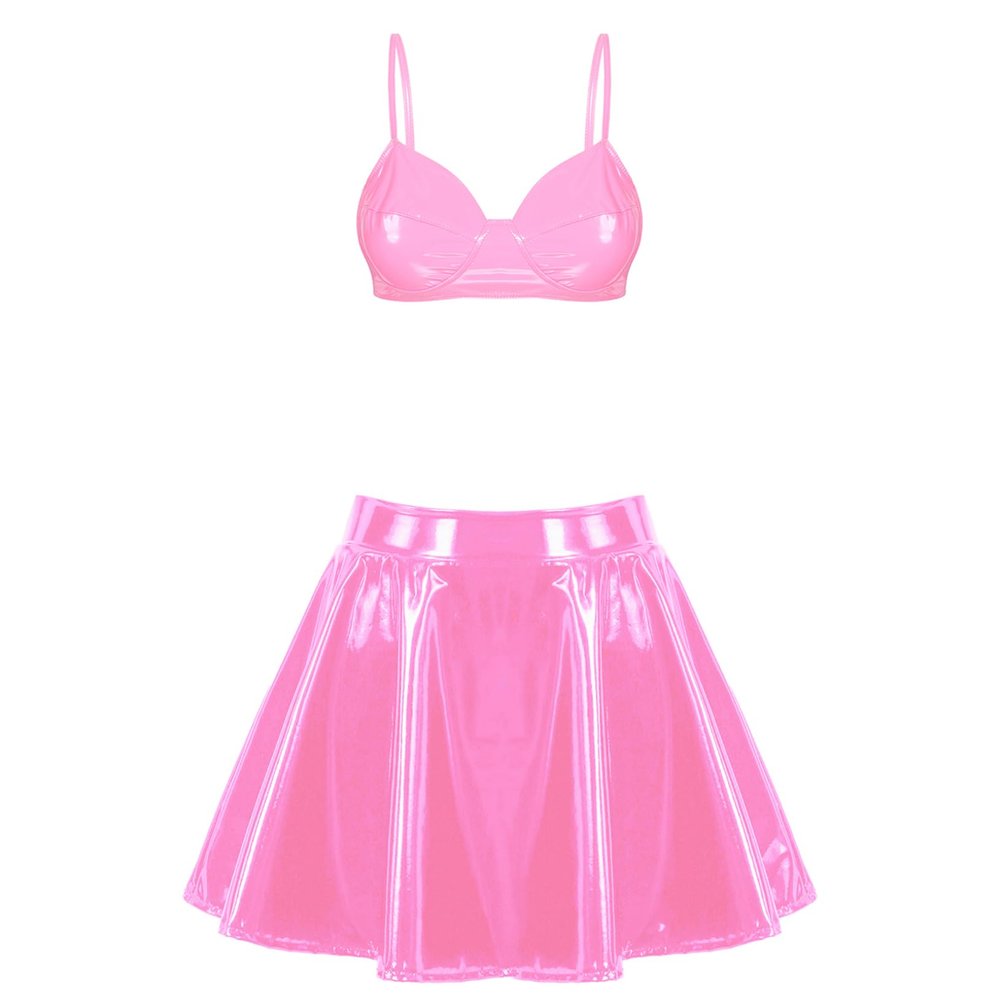 Freebily Womens Sexy Raves Dance Outfits Leather Bra Crop Tops with Mini Skrits for Club Performance Pink B 4X-Large