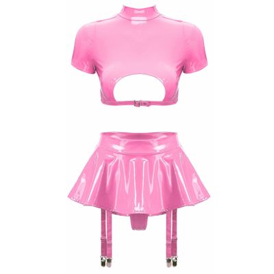 Agoky Women's Wetlook Leather Rave Sets Sexy Outfits Latex Crop Top with Skrits for Stage Performance Pink Small