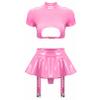 Agoky Women's Wetlook Leather Rave Sets Sexy Outfits Latex Crop Top with Skrits for Stage Performance Pink Small view 1