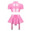 Agoky Women's Wetlook Leather Rave Sets Sexy Outfits Latex Crop Top with Skrits for Stage Performance Pink Medium view 2