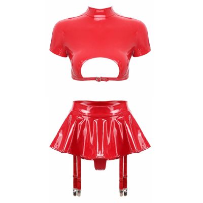 Agoky Women's Wetlook Leather Rave Sets Sexy Outfits Latex Crop Top with Skrits for Stage Performance Red 4X-Large