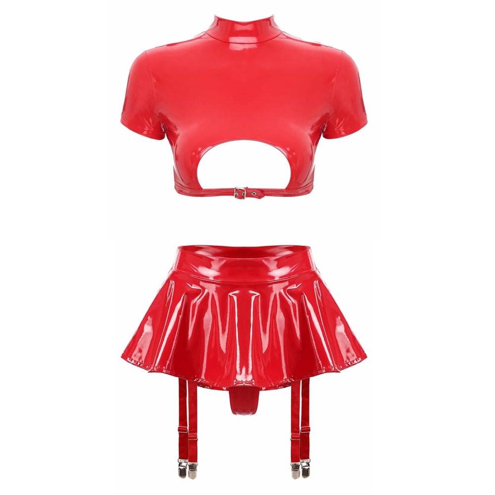 Agoky Women's Wetlook Leather Rave Sets Sexy Outfits Latex Crop Top with Skrits for Stage Performance Red 4X-Large