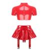 Agoky Women's Wetlook Leather Rave Sets Sexy Outfits Latex Crop Top with Skrits for Stage Performance Red 4X-Large view 2