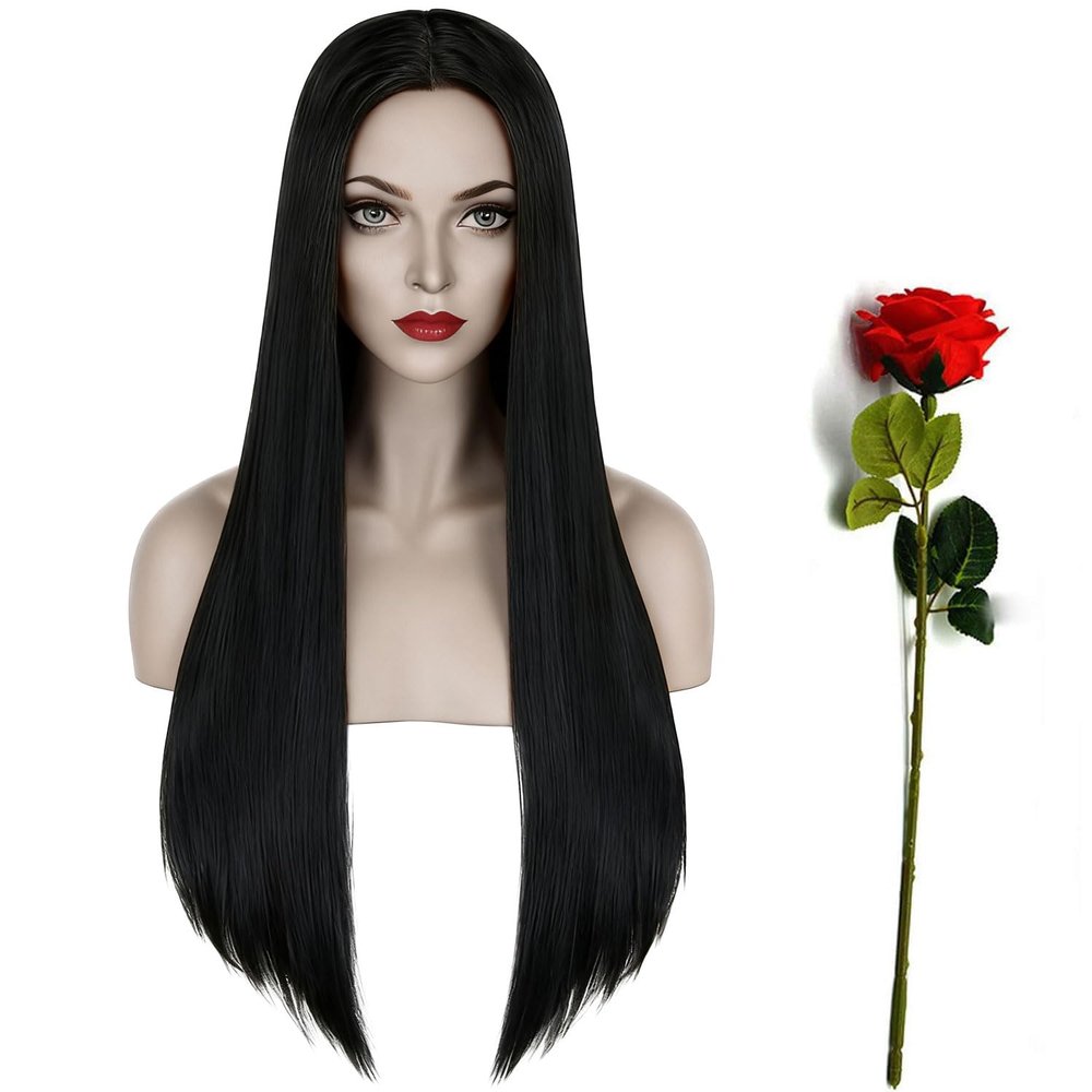 G&T Wig Long Black Wig for Mordicia Costume 30inch Black Witch Wig Middle Part Straight Black Cosplay Wigs for Women Halloween Party