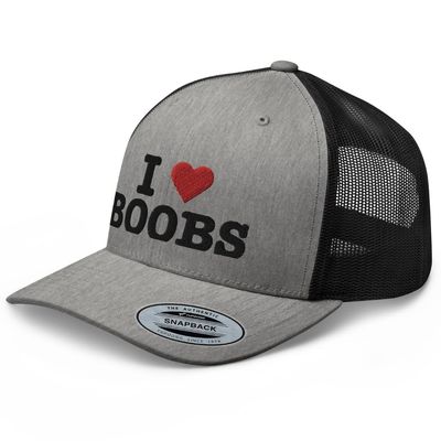 RIVEMUG I Love Boobs Trucker Hat Curved Bill Mid Crown Adjustable Cap Heather/Black