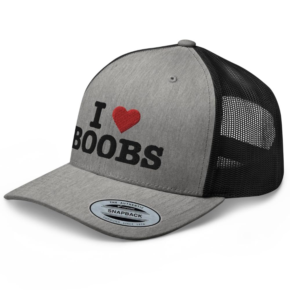 RIVEMUG I Love Boobs Trucker Hat Curved Bill Mid Crown Adjustable Cap Heather/Black