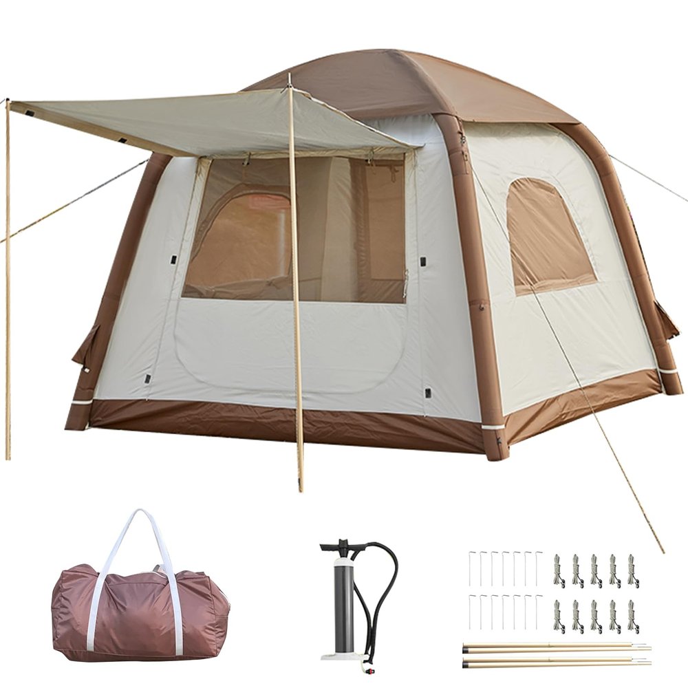 Inflatable Camping Tent with Pump,2-4 Person Glamping Tents, Easy Setup Waterproof Outdoor Blow UpTents, Inflatable House with Mosquito Screen, 4 Season