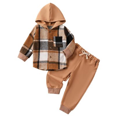 MERSARIPHY Toddler Baby Boy Outfits Baby Plaid Hoodies Flannel Jacket + Drawstring Pants Baby Fall Winter Clothes (Brown khaki, 3-6 Months)