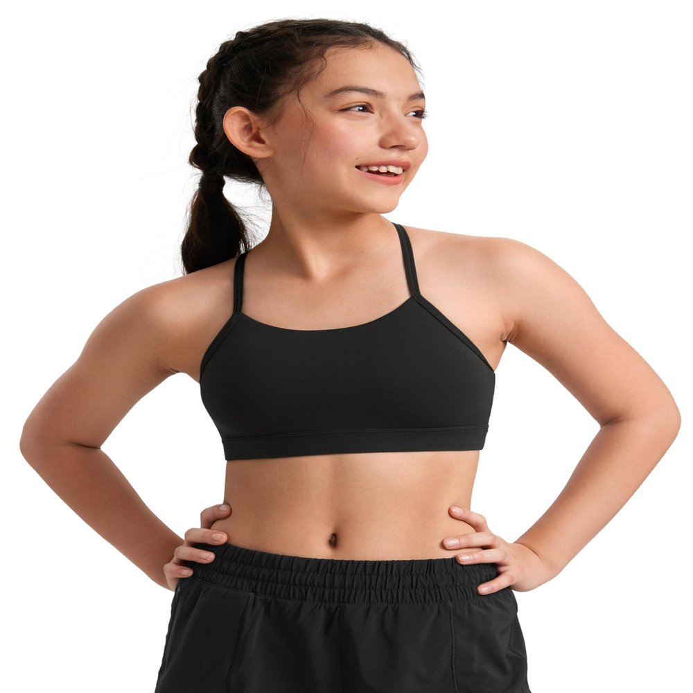CRZ YOGA Girls Butterluxe Y Back Sports Bra - Yoga Athletic Casual Tops Scoop Neck Spaghetti Strap Padded Crop Kids Teen Black Medium