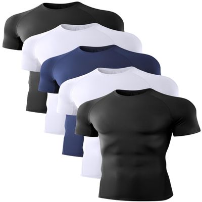 Dalavch 5 Pack Mens Compression Shirts Short Sleeve Cool Dry Sports Athletic Workout Base Layer Undershirt T-Shirt Tops 2 Black 2 White 1 Blue X-Large