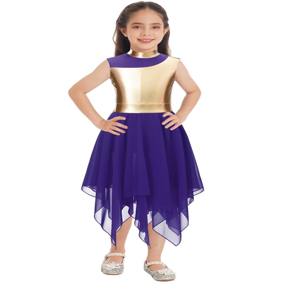 YOOJOO Girls Liturgical Praise Dance Tunic Tank Pullover Sleeveless Metallic Patchwork Asymmetrical Hem Lyrical Dance G1840Purple 12 Years