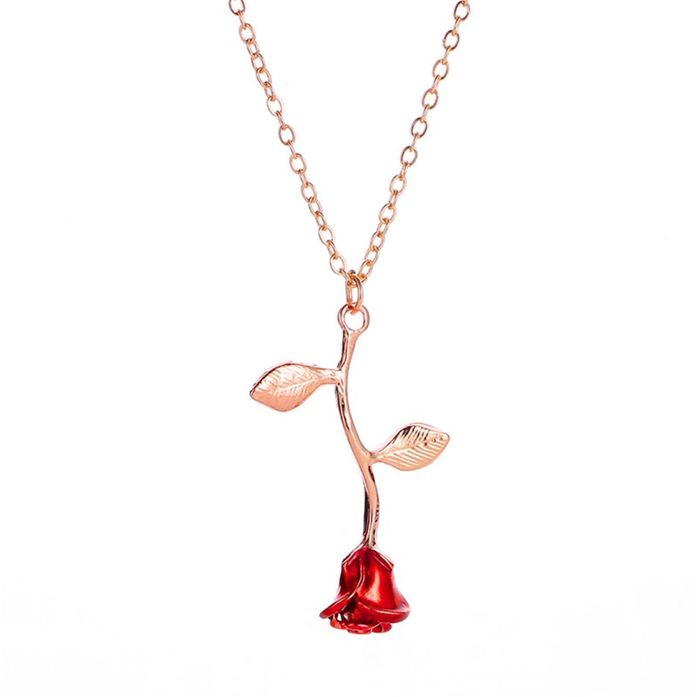 Spiritrain Red Rose Flower Pendant Necklace for Women 3D Vintage Elegant Romantic Enamel Red Flowers Leaf Chain Necklace for Valentine's Day Anniversary Birthday Trendy Jewelry Gifts (Rose gold)