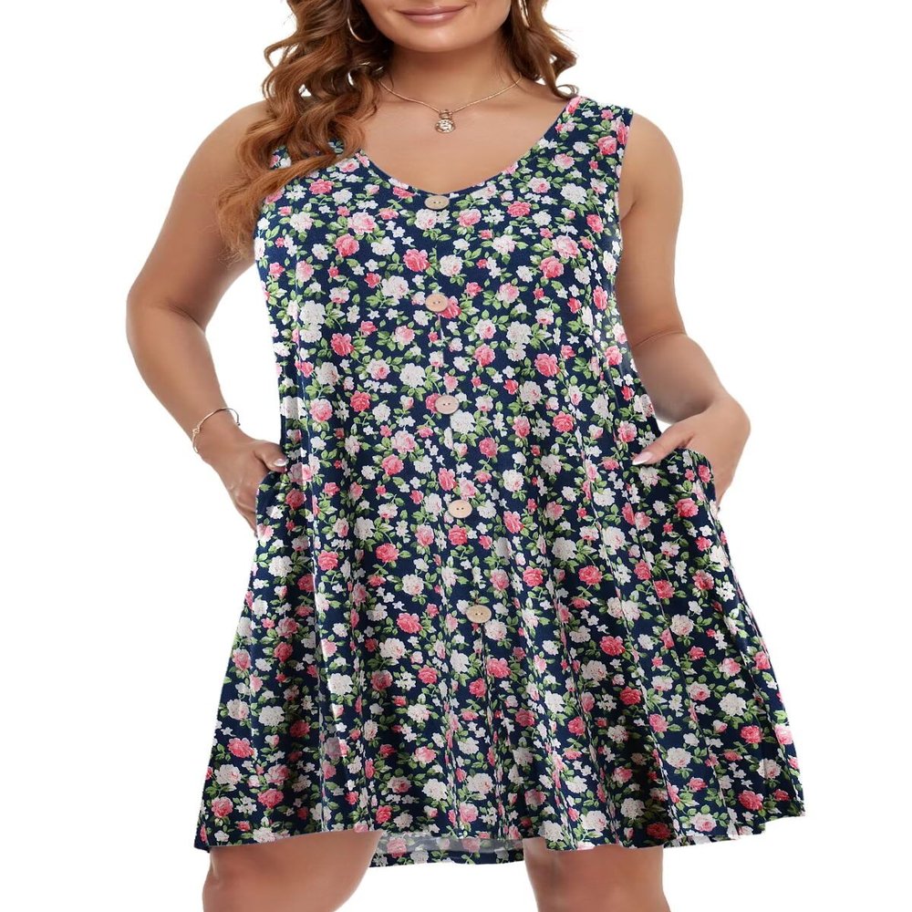 BELAROI Plus Size Summer Dresses Sundress for Curvy Women Beach Swimsuit Coverup Casual V Neck Button Sleeveless Tshirt Vacation Tank Dress with Pockets(1X,4-NavyBlue)