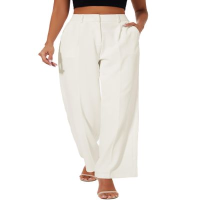 FUNYYZO Women Suit Pants Wide Leg Pants High Elastic Waisted in The Back Business Work Trousers Long Straight White