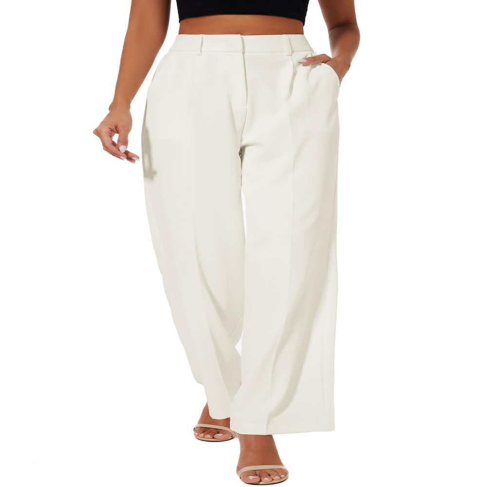FUNYYZO Women Suit Pants Wide Leg Pants High Elastic Waisted in The Back Business Work Trousers Long Straight White