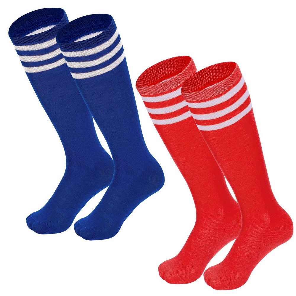 Kids Soccer Socks Striped Cotton Atheletic Softball Baseball Socks Toddler Youth Knee High Socks for Boys Girls Blue White & Red White 6-9 Years