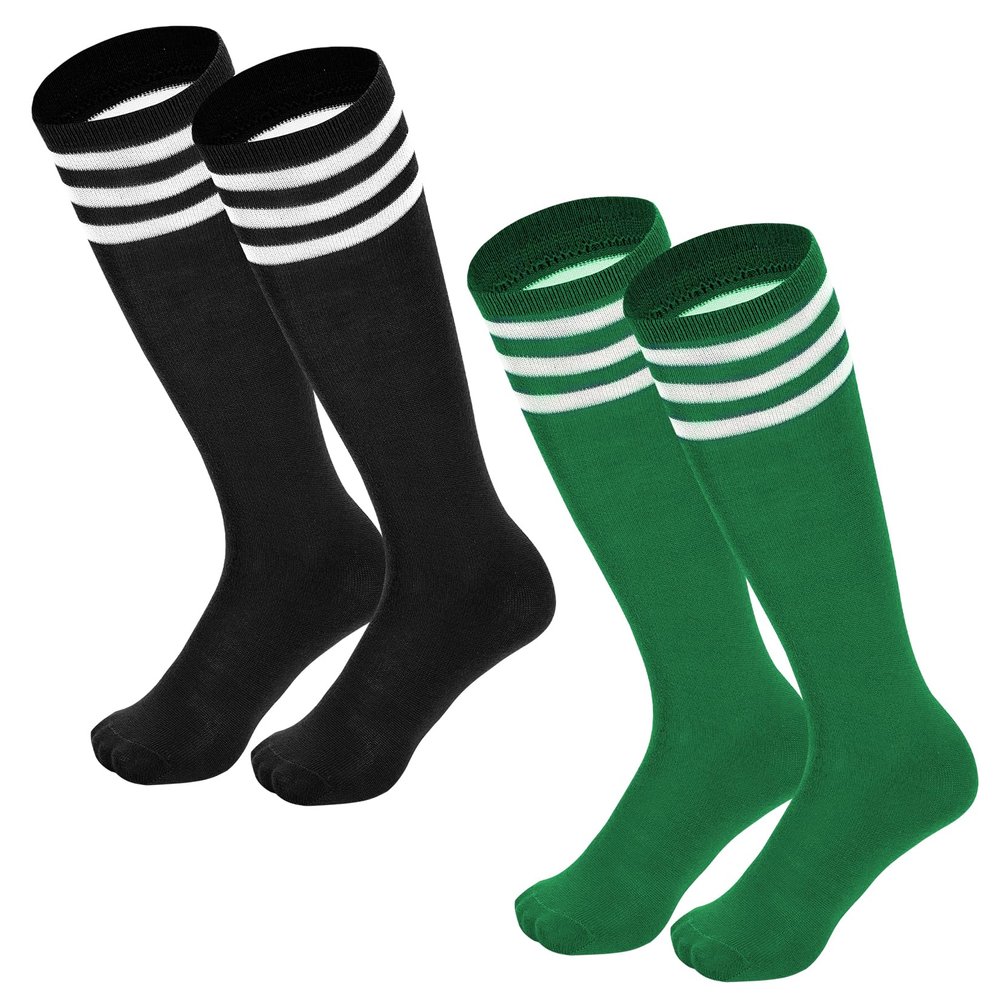 Kids Soccer Socks Striped Cotton Atheletic Softball Baseball Socks Toddler Youth Knee High Tube Sports Socks for Boys Girls Black White & Green White 3-6 Years