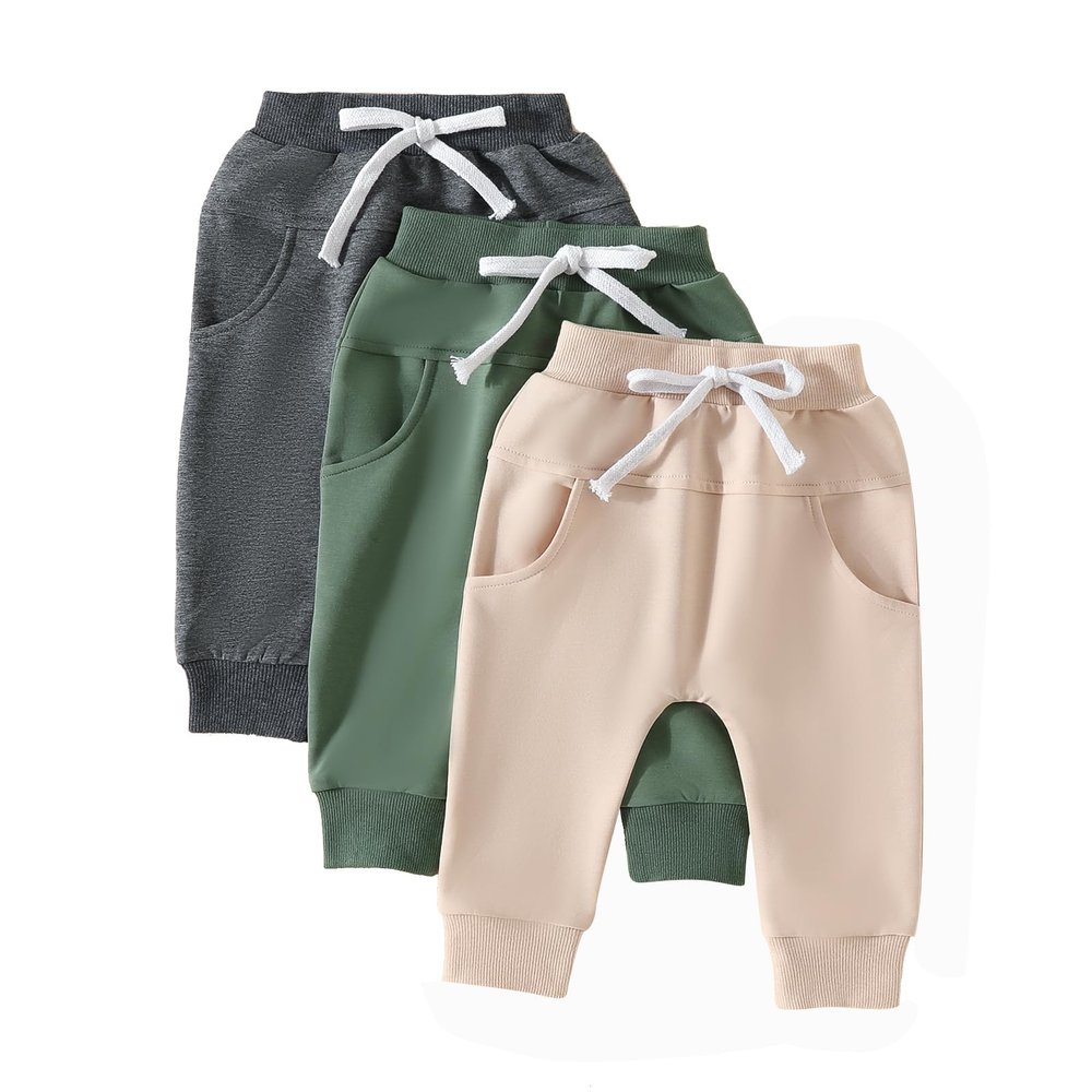 Doisbetthsay Toddler Baby Boys Pants 3 Pack Solid Color Fall Spring Sweatpants Baby Jogger Pants Khaki Brown Grey (3 Pack E, 0-6 Months)
