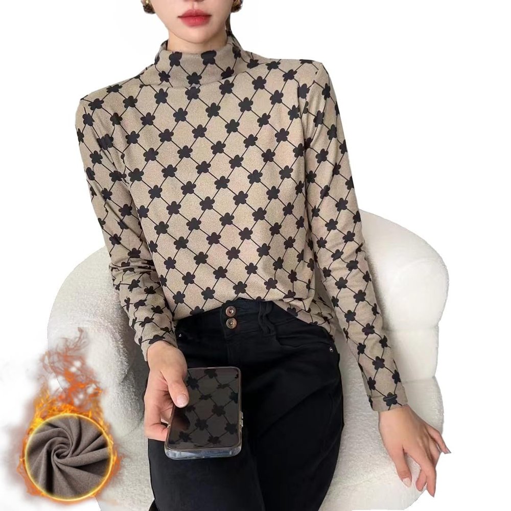 Freaswind Dralon Turtleneck Tops for Women Autumn Winter Thickened Thermal Underwear Inner Warm Printed Long-Sleeved Shirt (US, Alpha, Large, Regular, Regular, Plum Bossom)