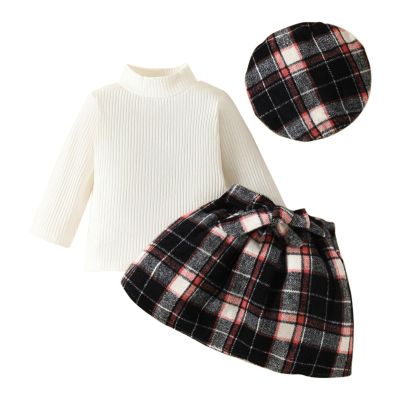 0-4 Years Baby Girl Fall Winter Clothes Turtleneck Solid Knit Pullover Tops Plaid Mini Skirts with Hat 3PCS Outfits QW282