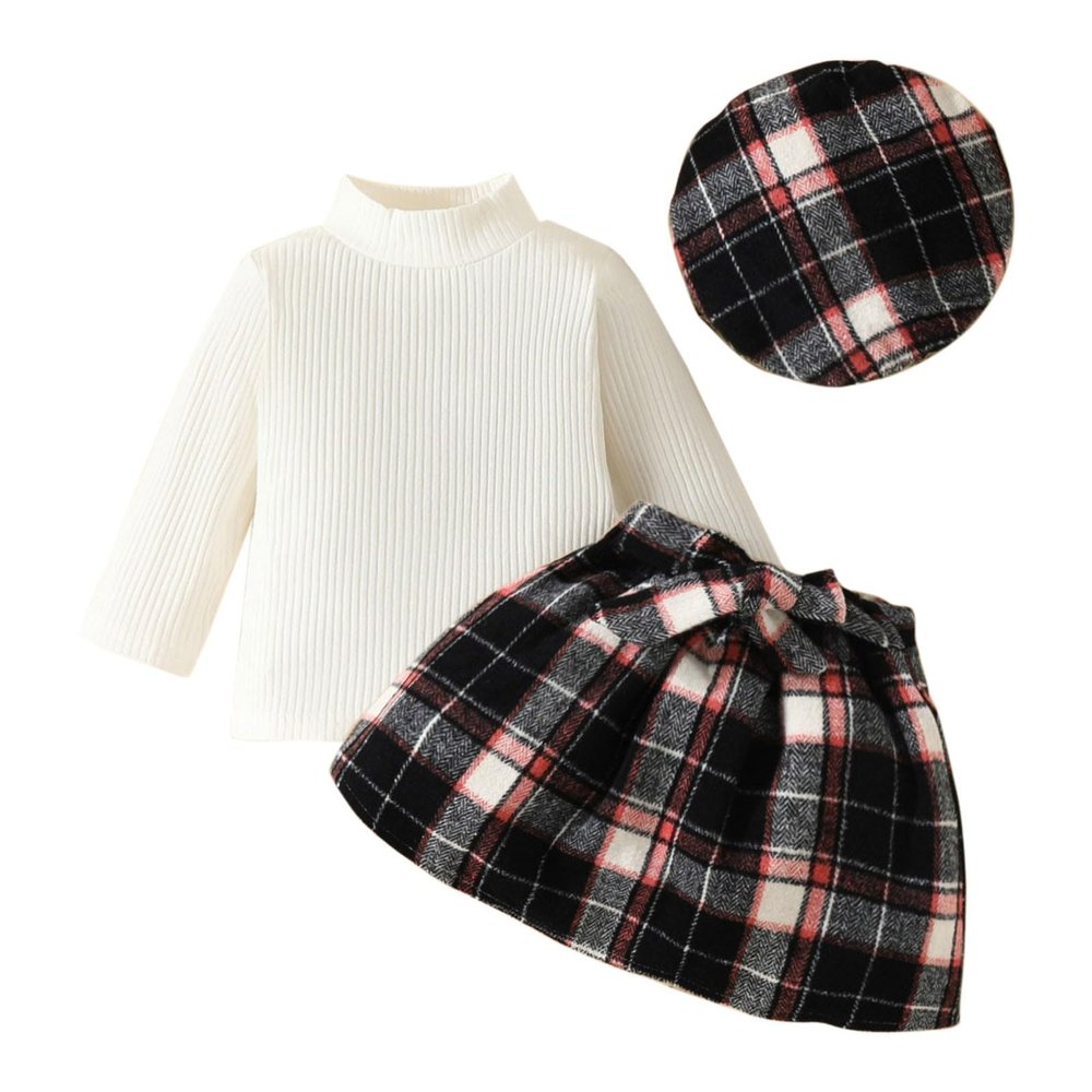 0-4 Years Baby Girl Fall Winter Clothes Turtleneck Solid Knit Pullover Tops Plaid Mini Skirts with Hat 3PCS Outfits QW282