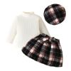 0-4 Years Baby Girl Fall Winter Clothes Turtleneck Solid Knit Pullover Tops Plaid Mini Skirts with Hat 3PCS Outfits QW282 view 1